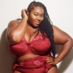 Plus size model Jezra Matthews (Jezra M) modeling red plus size bra and panties from @elilafullfigure
