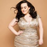 Jenna Lee (@jennsgotcurves) is wearing a plus size gold dress