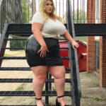 Lyndsay Patricia (aka PlusSizeBarbiiee) - plus size model - wearing a sexy plus size black latex mini skirt by @fashionnovacurve