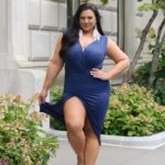 Plus Size Model Stephanie Mallick aka Bella Bombshel wearing a plus size blue dress from @fashionnovacurve