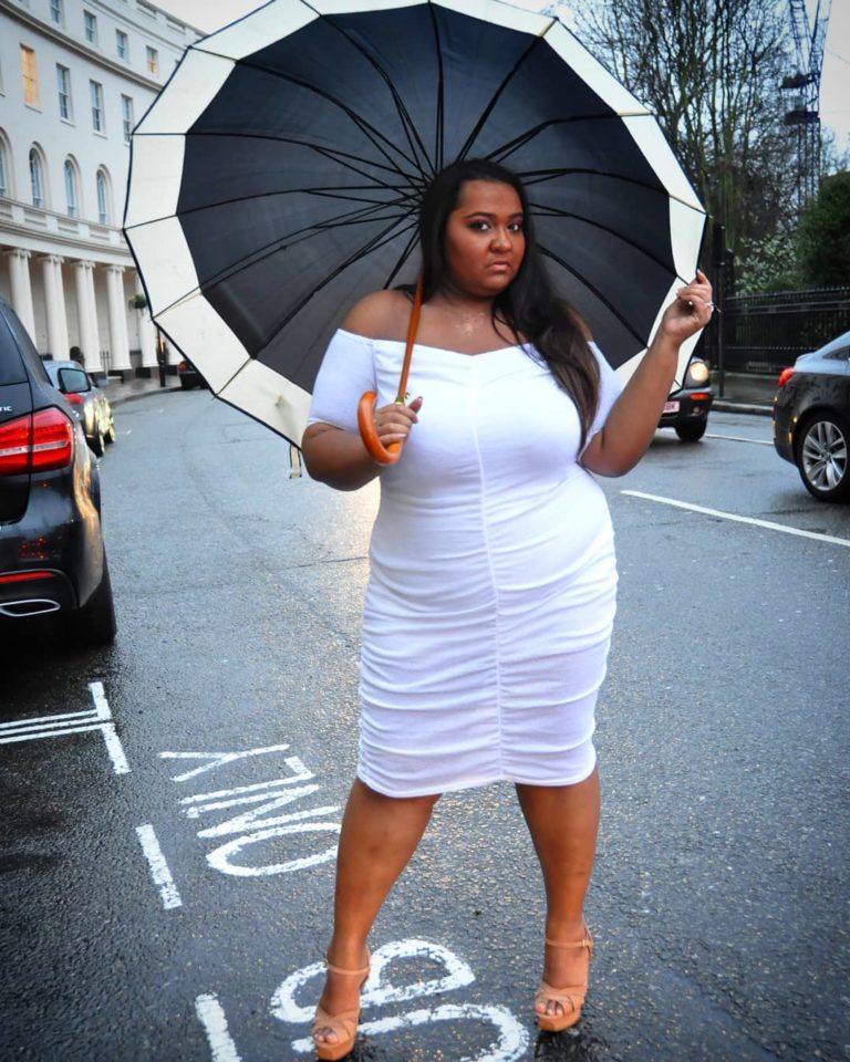 Kat Henry - Plus Size Model, Ms International Curve ‘17/18, Ms British Beauty Curve '15, Ridge Radio DJ,Blogger, Body Positive Activist - modeling a plus size white dress by @missguided