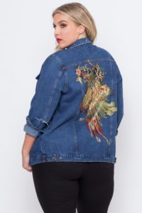 Curvy Sense Plus Size Peacock Embroidered Jacket - Dark Wash