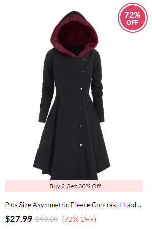 DressLily Plus Size Asymmetric Fleece Contrast Hooded Skirted Coat