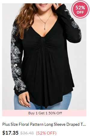 DressLily Plus Size Floral Pattern Long Sleeve Draped T-shirt