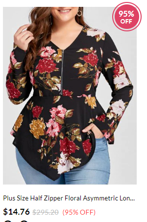 Dress Lily Plus Size Half Zipper Floral Asymmetric Long Sleeve Blouse
