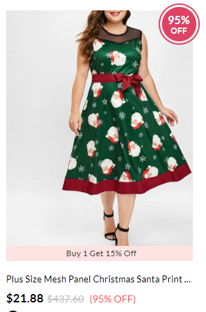 DressLily Plus Size Mesh Panel Christmas Santa Print Dress