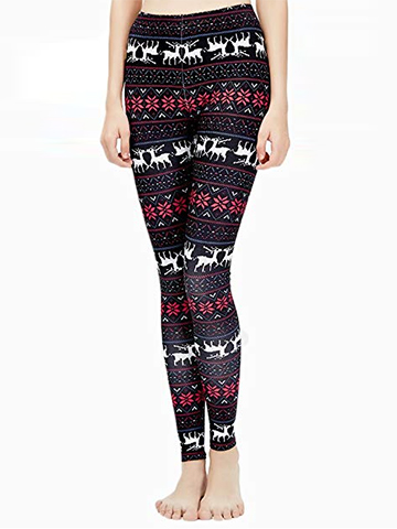 Ensasa Women's Black and Red Reindeer Christmas Stretchy Leggings Pants