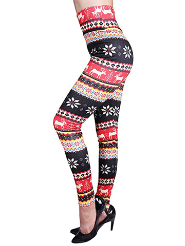 Winter Women's Warm Black and Red Printed Fleece Lined Leggings High Waist Tights