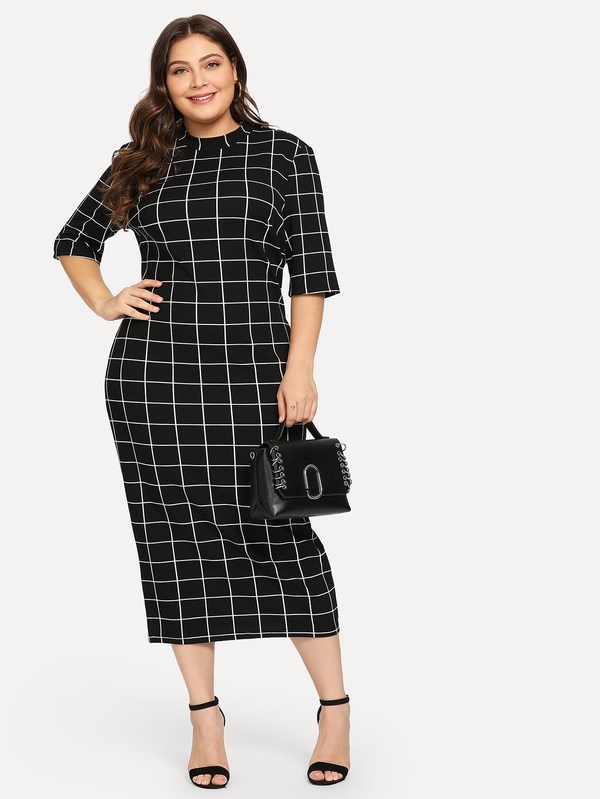 SHEIN Plus Mock Neck Grid Print Form Fitting Dress